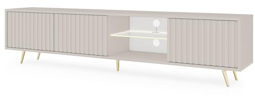 Selsey TV Schrank Board Sideboard Fernsehtisch Fernsehschrank Mit Lamellen Und LED Beleuchtung 175 cm Goldene Beine Grau Beige Bello