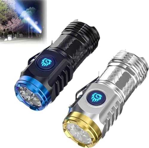 Hualabo Three-Eyed Monster Mini Flash Super Power Flashlight, LED Torch Rechargeable, Torches LED Super Bright, 5 Modes, Mini Torch with Clip for Camping Hiking Emergency (Silver+Black)