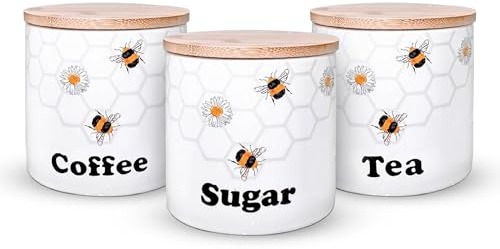 WiseAccordio Set of 3 Bee Honeycomb Stoneware Canister|Tea Coffee Sugar Jar Kitchen Storage Set |Silicone sealed lid | |Countertop canisters