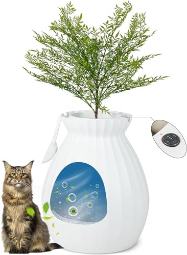 GYMAX Katzenklo mit intelligentem Geruchskontrollsystem, verstecktem Katzenklo-Gehäuse mit Kunstpflanze, Katzentoilette mit Türvorhang, Kieselsteinen & Schaufel für Katzen