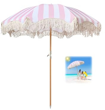 Sonnenschirm Tragbarer Mit Quasten 180cm Sonnenschirm Balkon Uv Schutz Sonnenschirm Strand Neigbar Marktschirm Wasserdicht Mit Tragetasche Für Garten Terrasse Pool Balkon/Mit Tragetasche ( Color : Pin