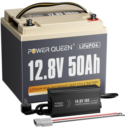 Power Queen 12V 50Ah Lithium-Batterie mit 12V 20A Ladegerät Bundle