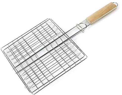ZerHoc Iron Barbecue Clip Grilled Fish Meat Vegetable BBQ Grill Clip Barbecue Net Wooden Handle Tools