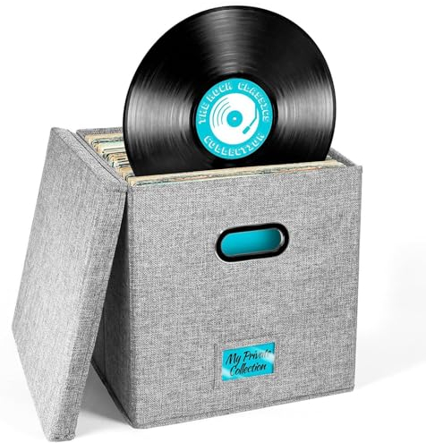 Caja de almacenamiento de discos – Caja organizadora de discos de vinilo, caja de almacenamiento apilable LP | Soporte para álbum con tapas y bolsa segura para etiquetas, suministros de oficina de