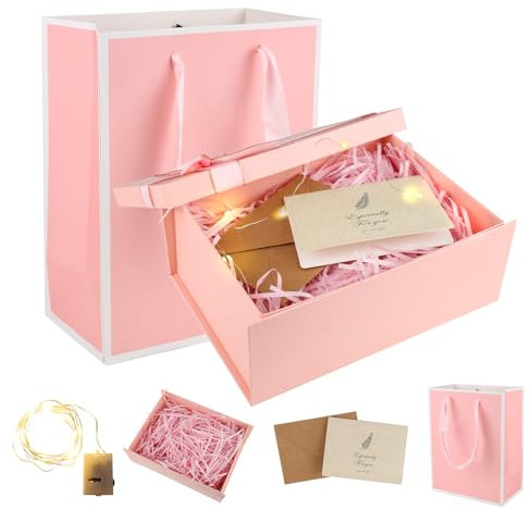 Geschenkbox mit Deckel, 22,5 x 16 x 8,5cm Rosa Geschenkbox Geburtstag, Geschenkkarton mit Grußkarten, Tragetasche, Raffia, LED-Lichterkette, Geschenkverpackung für Hochzeit, Geburtstag, Weihnachten