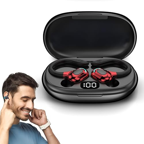 DOMIKIT Oreillettes sans Fil Bluetooth 5.2, Universel, Tour d'oreille 360°, Micro Intégré, 60 Heures de Lecture, Batterie 70mAh Chargeur Type-C 300mAh, 8D steréo, Option d'écoute indépendante (Rouge)