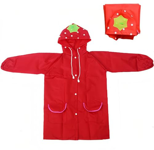KSJEHW Kinder Regencape, Regenponcho Regenjacke mit Kapuze Wasserdicht Regencape für Jungen Mädchen 3-8 Jahre alt, 3D-Erdbeeren-Hut, Druckknopf