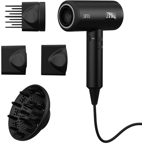 AINA Professioneller Haartrockner (neue Tech)2300W Föhn mit Diffusor,Bürstenkamm für Frauen | BLDC Bürstenloser Motor 150.000 U/min | Ionic | LED-Anzeige | 4 magnetische Aufsätze 230V/EU(Schwarz)