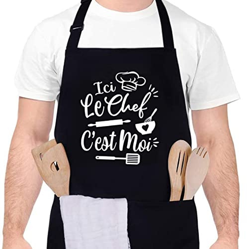 Halinuia Delantal de cocina para hombre, delantales de cocina impermeable ajustable, delantal de barbacoa con bolsillos, idea de regalo para el día del padre, Negro , Talla única