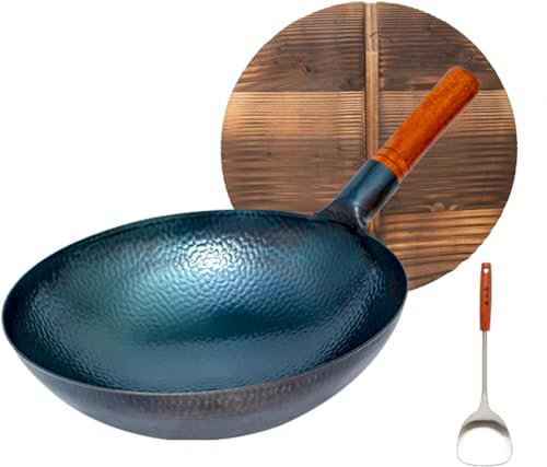 CTCOIJRN Pentola Cinese Tradizionale in Ferro, padelle Wok in Ghisa Martellata a Mano Fondo Tondo con Coperchio e Manico in Legno, Senza Rivestimento, Meno Olio, Pentola Antiaderente,32cm-36cm(34cm)