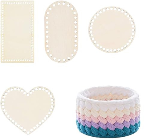 BEPSYOM 4 Stück Korbboden Set zum Häkeln Holzboden für DIY Korbflechten Basteln (Rund, herzförmig, rechteckig, oval) (Naturholz)