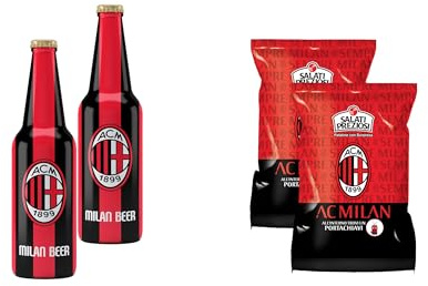 Bombeer del MILA.N 2 Bottiglie da 33cl + 2 Patatine da 25gr - Birra Originale By Christian Vieri - Puro Malto Bottiglie di Vetro - Made in Italy