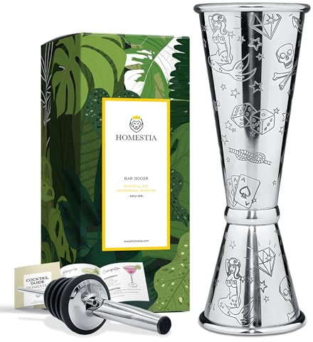 Homestia Jigger da bar con motivo a teschio, misurino con misurazione interna, in acciaio inossidabile 304, doppio jigger giapponese da 56,7 g 28,3 g con 1 versatore argento