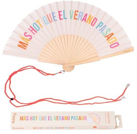 Fisura – Ventaglio in legno originale con messaggio “mas hot que el verano pasado”. Accessorio colorato e moderno, ventaglio a mano beige con gancio pratico. Dimensioni: 42,5 x 23 cm