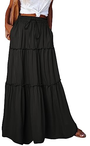 Sommerrock Damen Leicht Und Luftig Bohemien Druck Lose Faltenrock Lange Röcke Hohe Taille Boho Kleid Hosenrock Bohemien Röcke Sommer Damen Lang Strandkleider（3-Black，XXL）