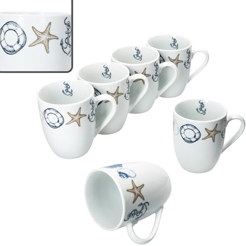 MamboCat Neptun 6er Set Kaffeebecher I 280 ml I Porzellan-Becher mit Henkel & maritimen Motiven für 6 Personen I Tassen für Heißgetränke wie Tee, Kakao & Co