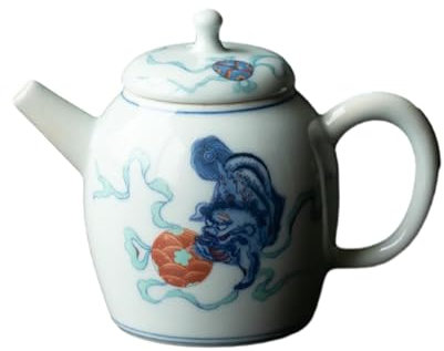 Théière chinoise rétro bleue et blanche, service à thé kung fu en céramique – boule de broderie à rouler lion de couleur ancienne