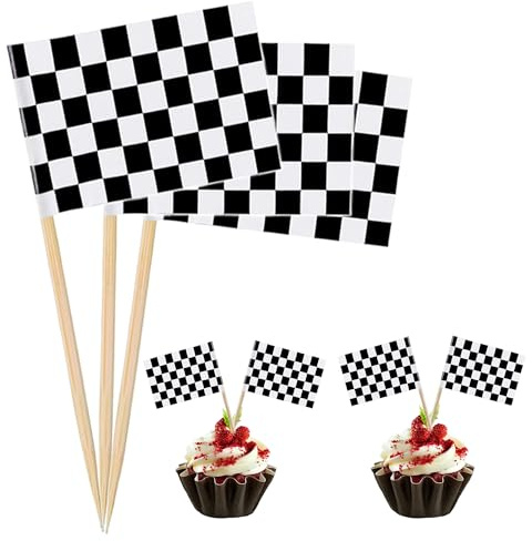 72 Pcs Black and White Checkered Racing Flag Cake Toppers, Small Toothpick Mini Stick Cupcake Toppers for Racing Car Themed Birthday Party Decorations