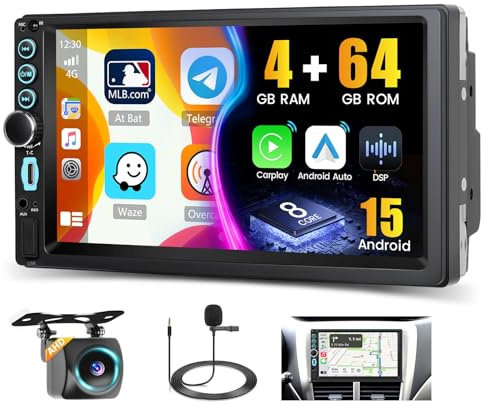 Hikity 8 Core/DSP/4G+64G Android 15 Autoradio 2 DIN, Touch Screen IPS da 7 Pollici 2 DIN con Wireless Carplay Android Auto, Navigazione GPS, FM/RDS USB BT WiFi SWC+Telecamera Posteriore+MIC