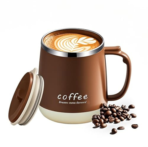 VPRO Gobelet à café, 350 ml - Gobelet isotherme sous vide à double paroi en acier inoxydable, noir, avec couvercle coulissant et poignée (Kaki, Base blanche)