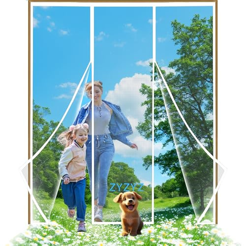 Magnetic Fly Screens, 205x205cm White Heavy Duty Door Screen, Anti Mosquito Mesh Fly Curtain with Powerful Magnets & Full Frame Magic Tape, Keep Bugs Out & Lets Fresh Air in