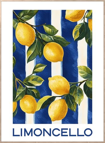 STYLER Bild Limoncello 50 x 70 cm mit Holzrahmen – Zitronen-Motiv auf Blau-Weiß – Mediterrane Wanddeko im Retro-Stil