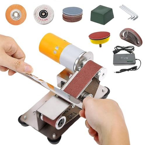 Mini lijadora de banda y amoladora de banda de banco 3 en 1, lijadora pulidora con 7 velocidades ajustables, amoladora eléctrica for madera, joyería, metal y manualidades.