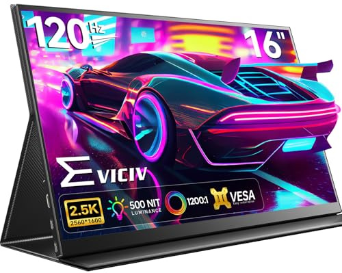 EVICIV Portable Monitor 16 Zoll 2,5K 120Hz Tragbarer Display mit VESA und Schutzhülle, 2560 * 1600 1200:1 500 Nits 16:10 IPS Metallgehäuse Gaming Bildschirm mit 3-Seiten-Schmalrand USB C Mini HDMI