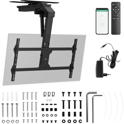 Maclean MC‑109 T - Supporto da soffitto elettrico per TV 43-86″ fino a 45 kg VESA 800×400 pilotaggio Tuya telecomando inclinazione – 75° rotazione ±90° anti ostruzione nero