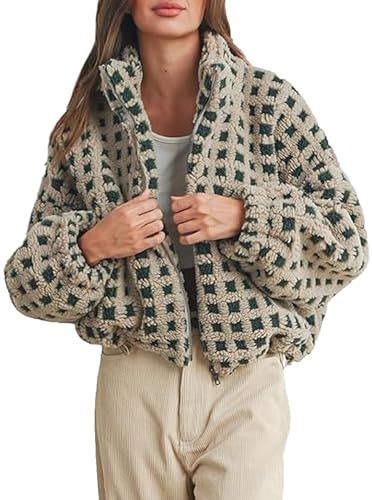 Karierte Sherpa-Fleece-Jacke für Damen, langärmelig, Stehkragen, Reißverschluss, Cropped-Jacken, Winter, warm, zum Ausgehen, Teddy-Fleecejacke, A-grün, M