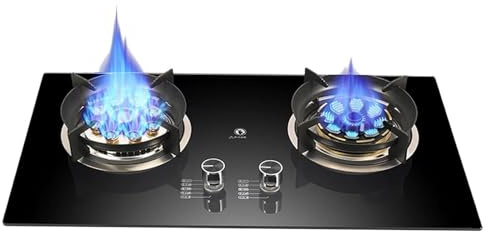 THEGA Cucina A Gas - Cucina A Gas Portatile, Piano Cottura Integrato in Vetro Temperato, Cucina A Gas A Due Fuochi, con Promemoria Antiscottatura, Controllo della Fiamma Regolabile(NG)