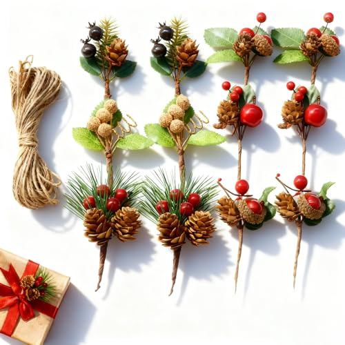 TYEQWT 12 Stück Künstliche Tannenzweige mit Beeren & Zapfen, Realistische Kunstpflanzen mit roten Beeren, Tannenzweige Künstlich wie Echt Weihnachtsdekoration für Adventkränze,DIY Deko Innen Außen
