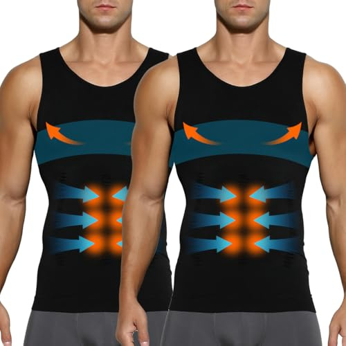 Casey Kevin 2-pack shapewear herr kompressionströja herr magkontroll undertröja linne, A3- svart, XXL