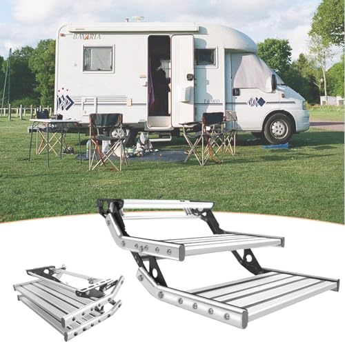 Manuell Elektrisk Infällbara RV-Steg, Husvagnstrappa, RV-Steg Campertrappa, Fällbar, Av Aluminiumlegering, Halkskyddig Pedal, För Husbilar, Husvagnar, Caravans Double-layermanual(withlight)