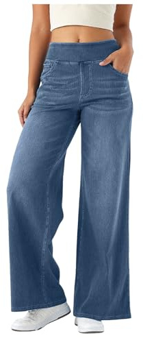 Pantalon Vaquero Mujer Rectos Vaqueros Elástico Anchos Cintura Alta Jeans Holgados Pantalon Pata Ancha con Bolsillos Pantalones Elegantes Vintage Casual Comodos Talla Grande