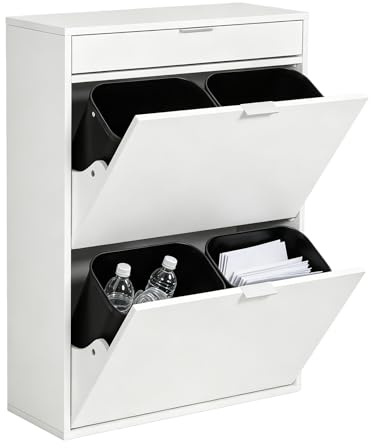 Hoclauho Mülleimerschrank Mülltrennsystem 4fach, Müllschrank Organizer für Küche, Abfalleimer Küche mit 4×10L, Mülleimer ausziehbar unter Spüle Alternative mit Schublade Weiß