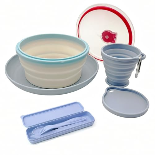 Foldable Camping Mess Kit Collapsible Silicone Bowl Folding Portable Camping Plates and Bowls Set for Travel, Picnic, Outdoor on Foot (Blue)