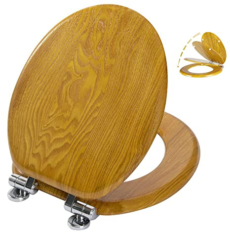 Angel Shield Toilet Seat Round Wood Veneer Quiet Close(Oak) | Quick Release Metal Hinges, Adjustable Fit for Standard Round Toilets, Easy to Install&Clean