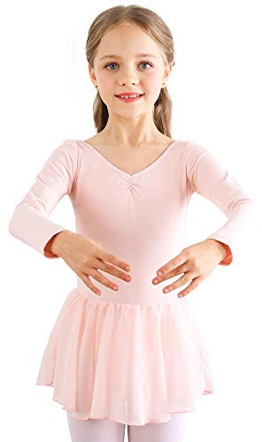 Bezioner Ragazza Balletto Leotard Vestito Danza Tutu Body Ginnastica Manica Lunga con Chiffon Gonna Rosa 140