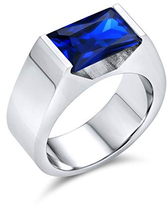 Personaliza Anillo de Compromiso para Hombre de Acero Inoxidable Tono Plateado con Corte Esmeralda de Zafiro Azul Simulado o Circón Cúbico Claro Geométrico Simple 4CTW Rectangular AAA CZ Declaración