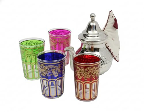 Juego de té martillado marroquí mediano: tetera plateada con filtro integrado y soporte para tetera, 4 vasos de té multicolor, hecho a mano en Marruecos, juego de regalo de té de menta