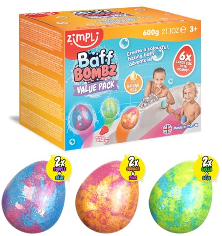 ZIMPLI - 6 x Egg Bombe da Bagno a Uovo Large, Crea una Colorata Avventura da Bagno Frizzante, Regali Alternativi di Uova di Pasqua per Bambini, Idratante per Pelli Secche, Biologico