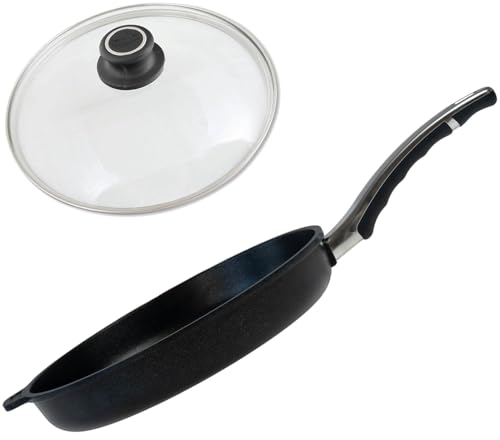 BAF Induktionspfanne 28 cm mit Glasdeckel - Aluminiumguss Antihaft Pfanne, antihaftbeschichtet - flacher Rand, 5 cm Höhe - geeignet für Induktion, Gas & Elektro - Made in Germany