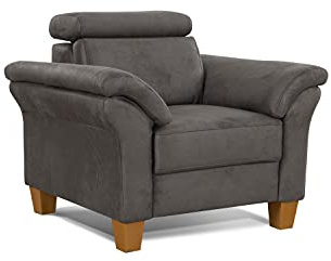 Cavadore Sessel Ammerland / Polstersessel im Landhausstil mit Federkern + verstellbarer Kopfstütze / 101 x 84 x 93 / Wildlederoptik, Grau