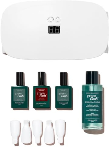 MANUCURIST • UV Nagellack Set Slim Green Flash • Gelnägel Starterset LED UV Lampe Nägel 24W + Base Coat + Top Coat Gel + Gel Nail Polish Burgunderrot Dark Pansy + Nagellackentferner Acetonfrei + Clips