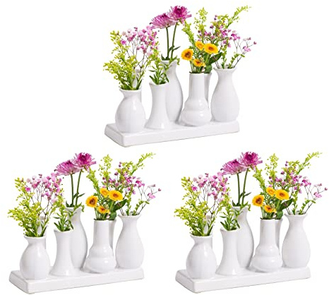 Jinfa 3er Set Keramikvasen – Weiß Mini-Vasen je 7 Stück (19×7×11 cm) – Skandinavische Tisch- & Wohnungsdeko – Handgefertigt für Blumen, Trockenblumen & Geschenkideen