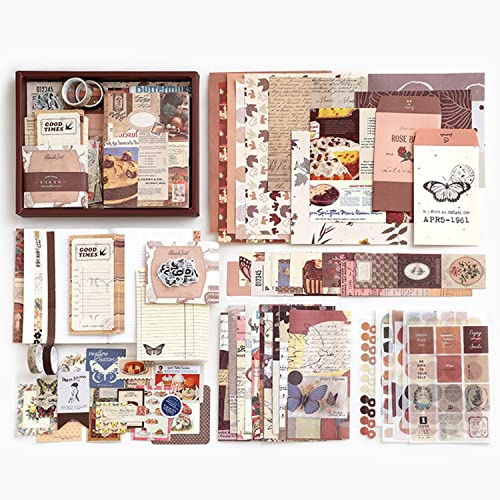 YumSur Scrapbook Zubehör Set,Scrapbooking Papier Ästhetisches mit A6 Raster Notizbuch, Scrapbooking Aufkleber, Dekoratives Schreibpapier, DIY Geschenk für Mädchen Damen Grußkarten Dekoration (Brown)