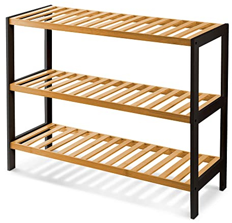 KEPLIN Natural Bamboo Shoe Rack Easy Assembly & Strong Design Shelf Organiser Ideal for Bedroom, Bathroom, Hallway & Small Spaces Capacity Up to 9 Pairs of Shoes (Black/Natural, 3 Tier) (70x55x25cm)