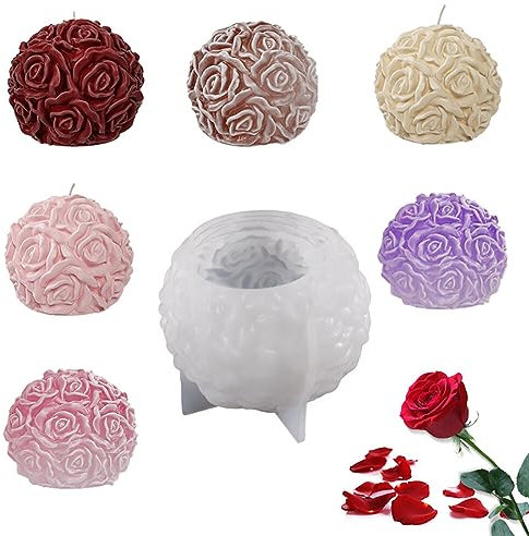 Silikon ljusform, stearinljus, 6 stycken rosenkula ljusform silikon, rosor blommor ljusformer för gjutning 3D blomma ljusgjutformar gör-det-själv ljus silikonform fondant för doftljus alla hjärtans