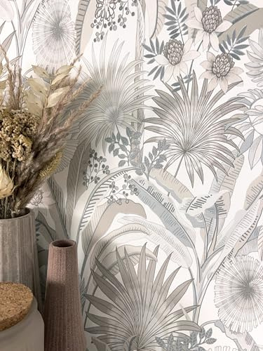 Newroom Tapete Beige Vlies Dschungel Palmen - Tropisch Floral Blätter Mustertapete für Wohnzimmer Schlafzimmer